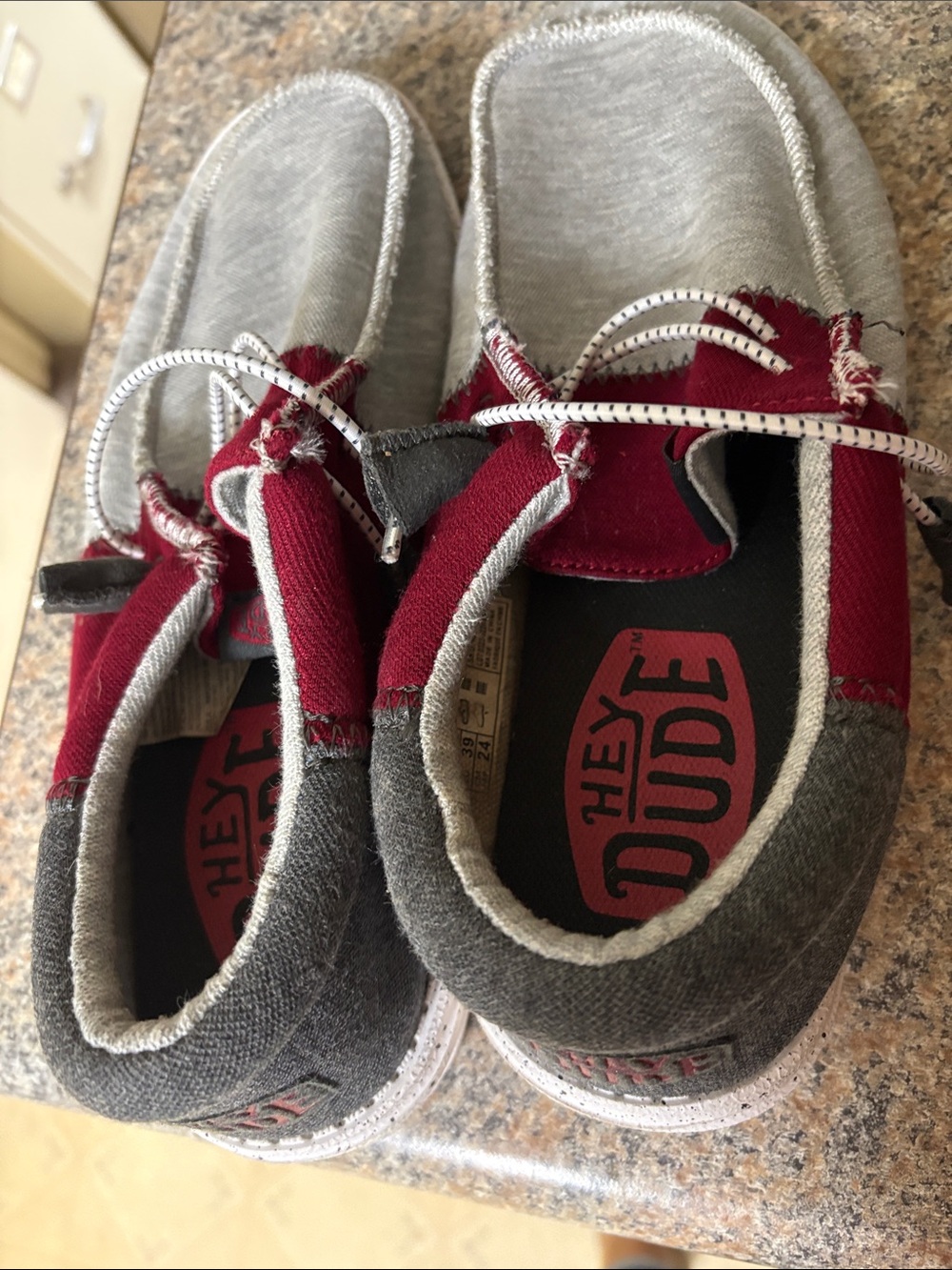 Hey Dude Two-Tone Gray and Burgundy Slip-On Sneakers